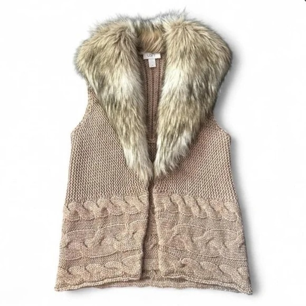 LOFT Faux Fur Collar Cable Knit Vest M Wool Alpaca Knit Blend Layer Mob Wife